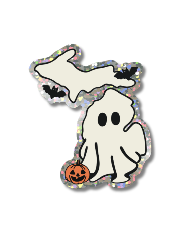 Michigan Ghost, Bat, Pumpkin Halloween Glitter Sticker - Waterproof Glitter Matte Vinyl