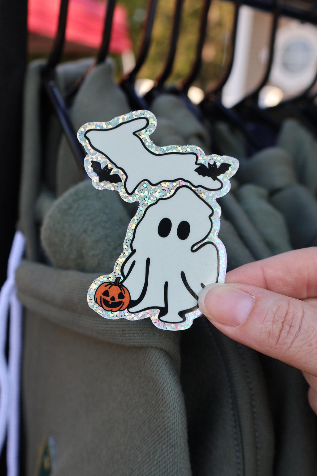 Michigan Ghost, Bat, Pumpkin Halloween Glitter Sticker - Waterproof Glitter Matte Vinyl