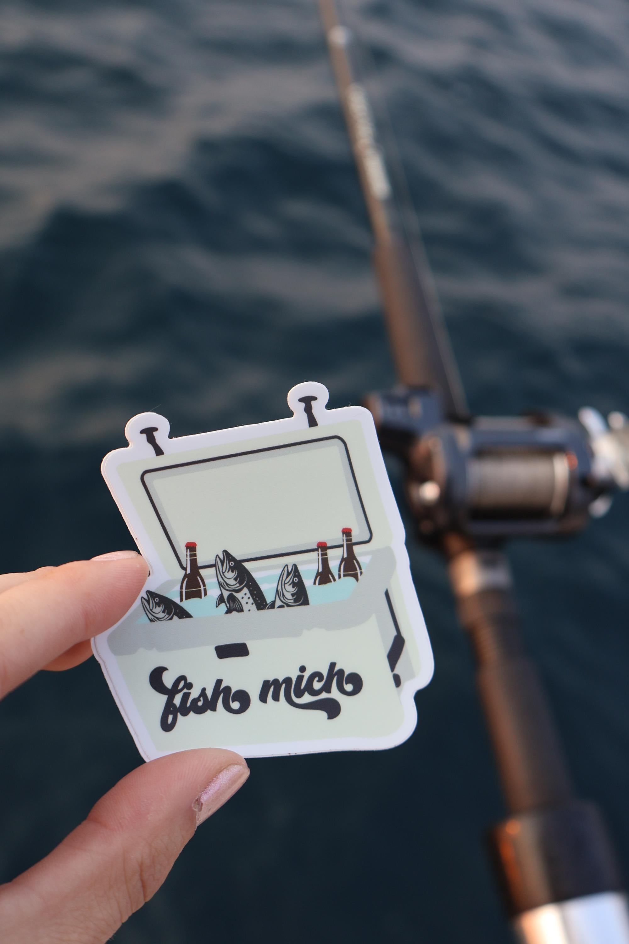 Michigan Fishing Cooler Fish & Beer Sticker - Waterproof Matte Vinyl