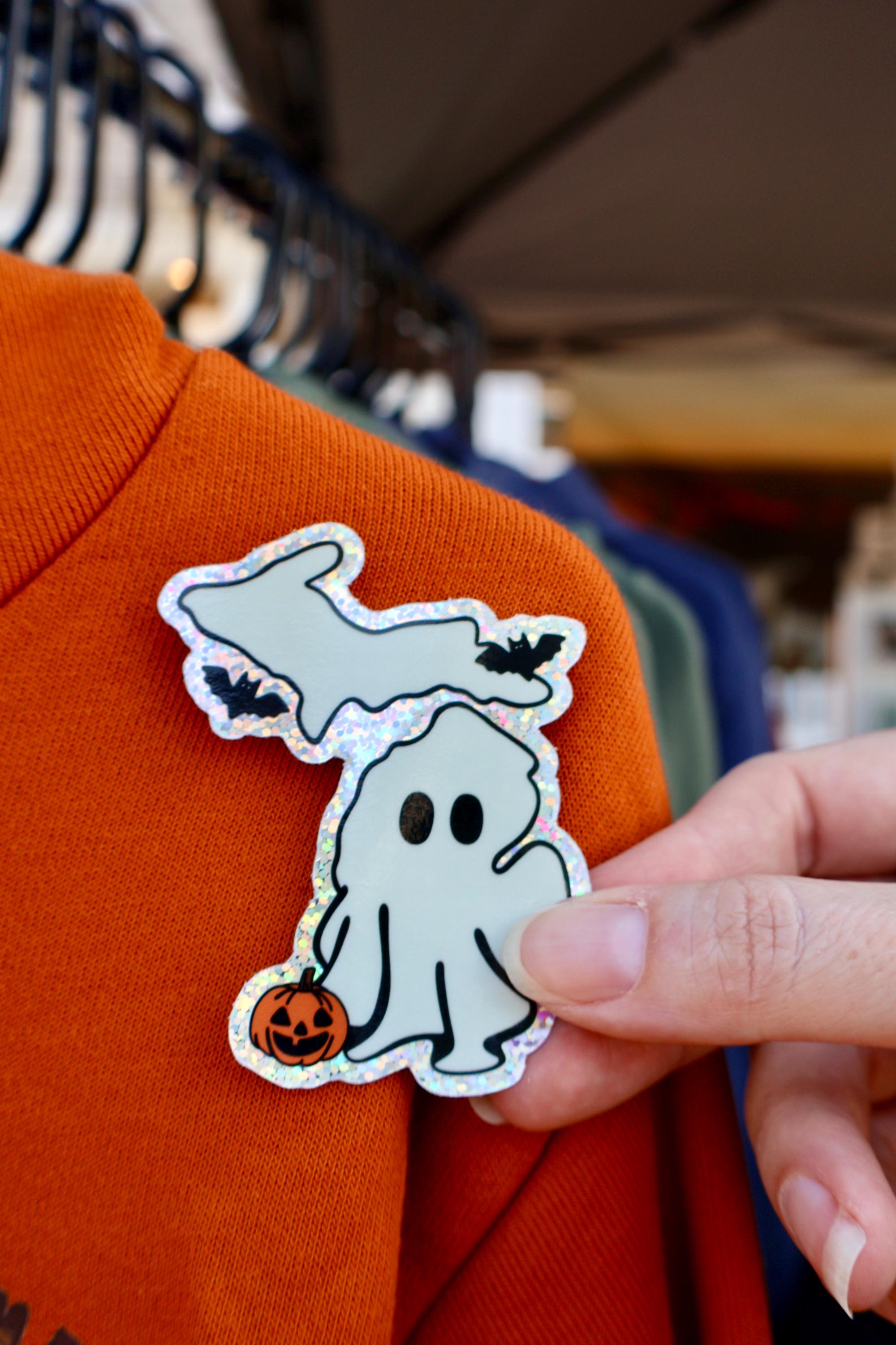 Michigan Ghost, Bat, Pumpkin Halloween Glitter Sticker - Waterproof Glitter Matte Vinyl
