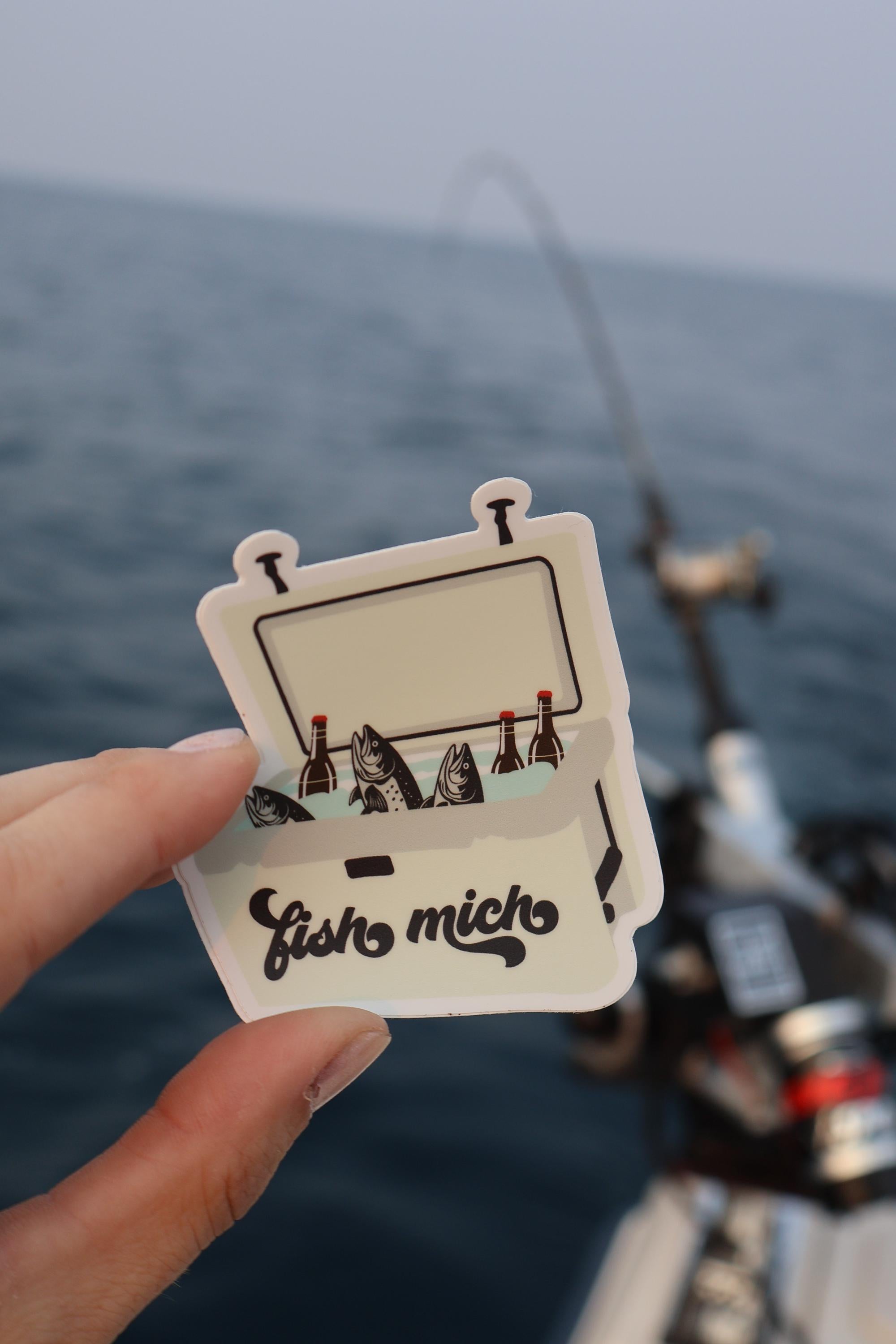 Michigan Fishing Cooler Fish & Beer Sticker - Waterproof Matte Vinyl